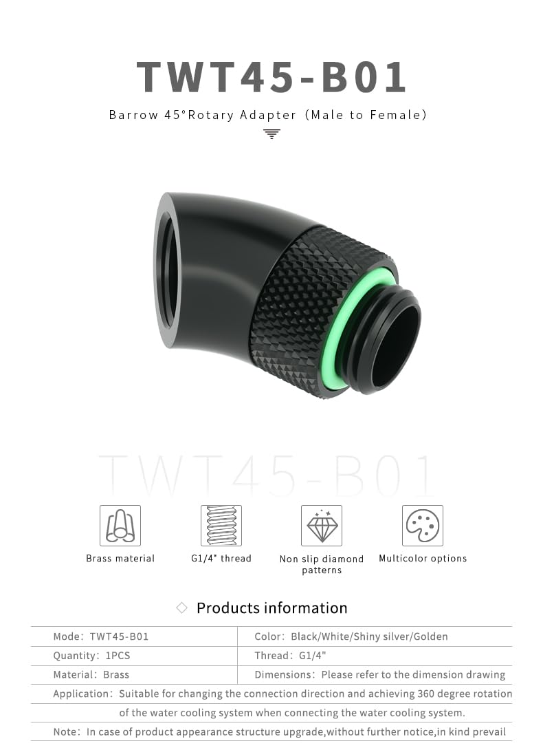 Barrow G1/4" Male to Female Extender Fitting, 45 Degree Rotary, Black, 4-Pack - Image 2